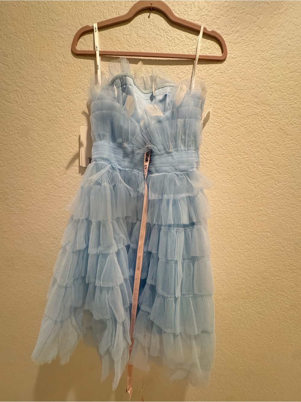 NWT Mac Duggal Light Blue Tulle Strapless Mini Dress Feather Accents ($798) - Picture 9 of 9
